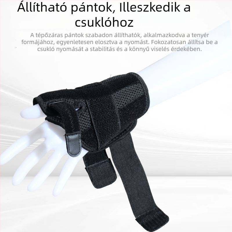 Csuklóvédő alumínium lemezzel a hüvelykujj stabilizálására, szíjnyomás a védelemért és a kényelemért.
