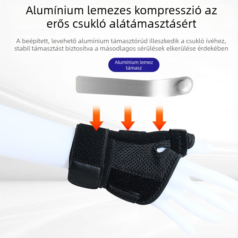 Csuklóvédő alumínium lemezzel a hüvelykujj stabilizálására, szíjnyomás a védelemért és a kényelemért.