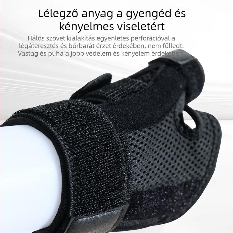 Csuklóvédő alumínium lemezzel a hüvelykujj stabilizálására, szíjnyomás a védelemért és a kényelemért.