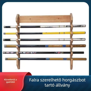 10-pozíciós falra szerelhető horgászbot-tároló állvány, tömörfa, otthoni használatra