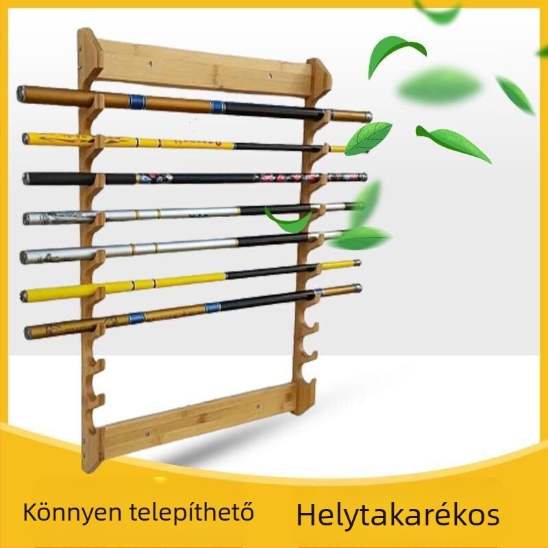 10-pozíciós falra szerelhető horgászbot-tároló állvány, tömörfa, otthoni használatra