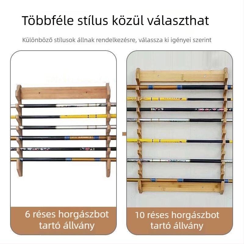 10-pozíciós falra szerelhető horgászbot-tároló állvány, tömörfa, otthoni használatra