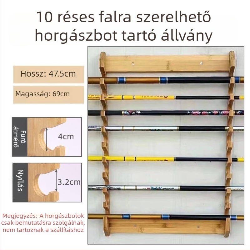10-pozíciós falra szerelhető horgászbot-tároló állvány, tömörfa, otthoni használatra