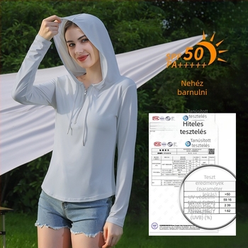 Női nyári napvédő kabát, karcsúsított fazon, vékony anyag, kapucnival, fél-zip, Ice Silk kardigán, UPF50+
