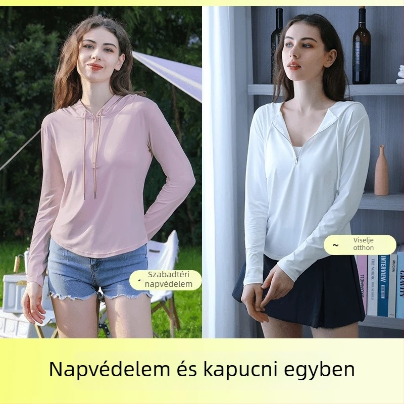 Női nyári napvédő kabát, karcsúsított fazon, vékony anyag, kapucnival, fél-zip, Ice Silk kardigán, UPF50+