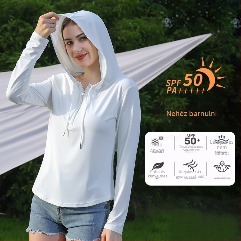 Női nyári napvédő kabát, karcsúsított fazon, vékony anyag, kapucnival, fél-zip, Ice Silk kardigán, UPF50+