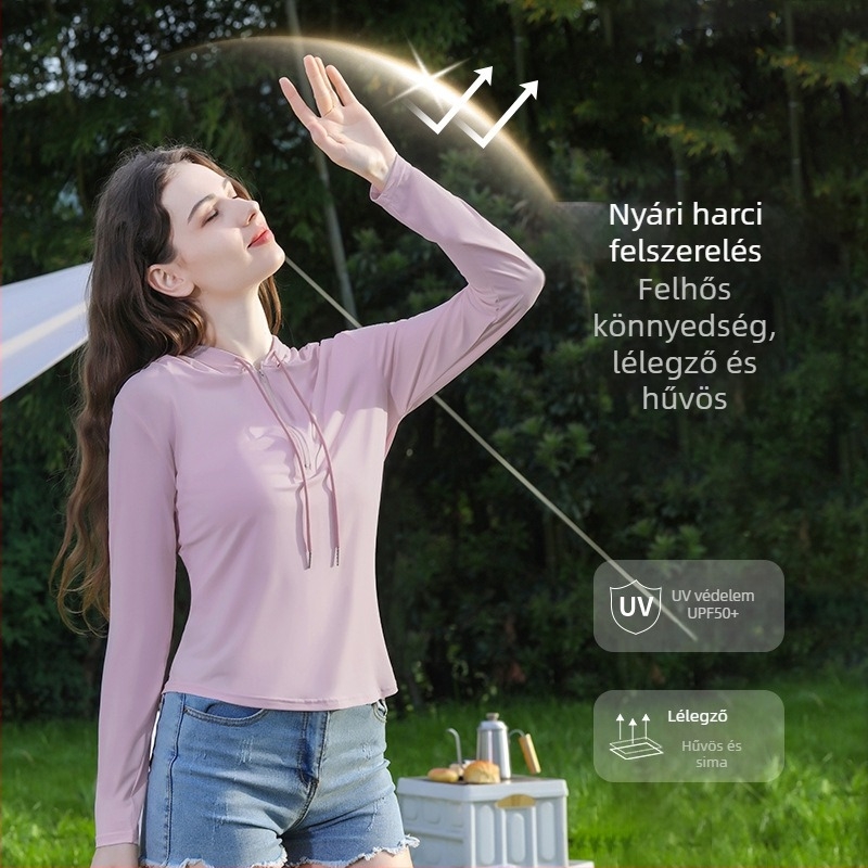 Női nyári napvédő kabát, karcsúsított fazon, vékony anyag, kapucnival, fél-zip, Ice Silk kardigán, UPF50+