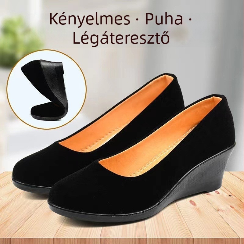 Női textil cipő PU könnyű talppal, slip-on, klínos sarokkal, professzionális munkacipő