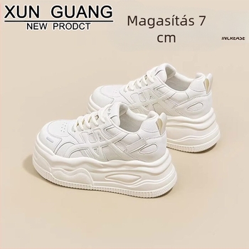 Női fehér bőrből készült sneaker vastag talppal, 7 cm-es magasság növeléssel, mindennapi platformos cipő 2025 ősz-tél