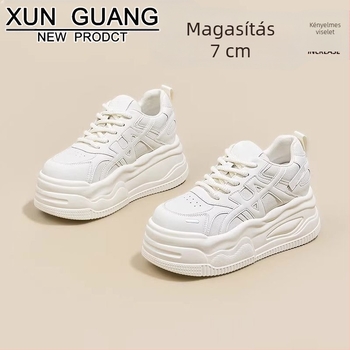 Női fehér bőrből készült sneaker vastag talppal, 7 cm-es magasság növeléssel, mindennapi platformos cipő 2025 ősz-tél