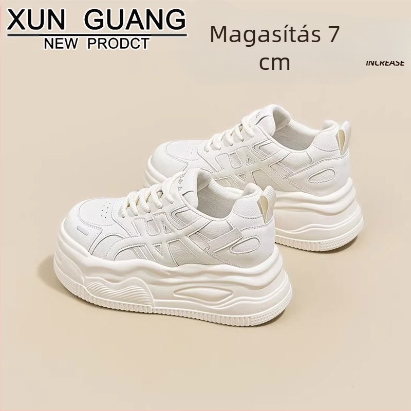 Női fehér bőrből készült sneaker vastag talppal, 7 cm-es magasság növeléssel, mindennapi platformos cipő 2025 ősz-tél