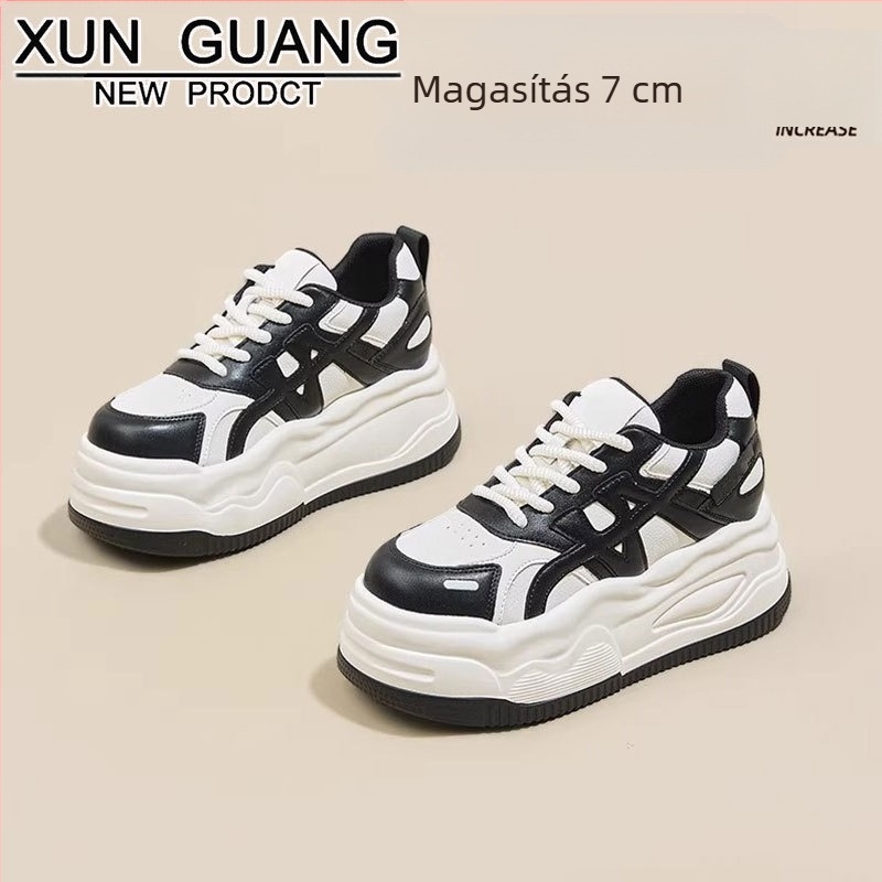 Női fehér bőrből készült sneaker vastag talppal, 7 cm-es magasság növeléssel, mindennapi platformos cipő 2025 ősz-tél
