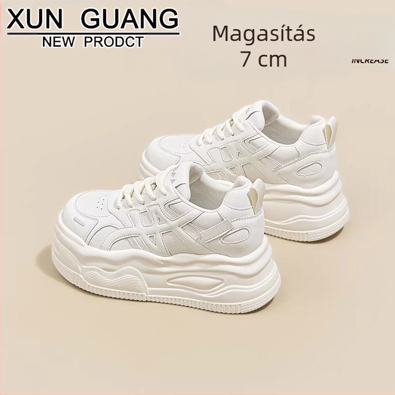 Női fehér bőrből készült sneaker vastag talppal, 7 cm-es magasság növeléssel, mindennapi platformos cipő 2025 ősz-tél