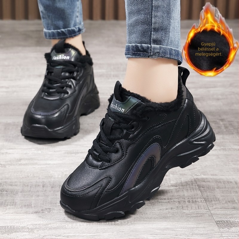 Női vízálló fekete műbőr sportcipő, őszi–téli szezonra, mindennapi dad sneakers stílusú, puha talppal