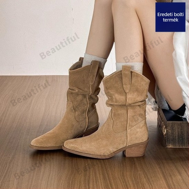 Női magas sarkú retro western cowboy csizma V-nyílású, barna, hegyes orral, rövid csizma