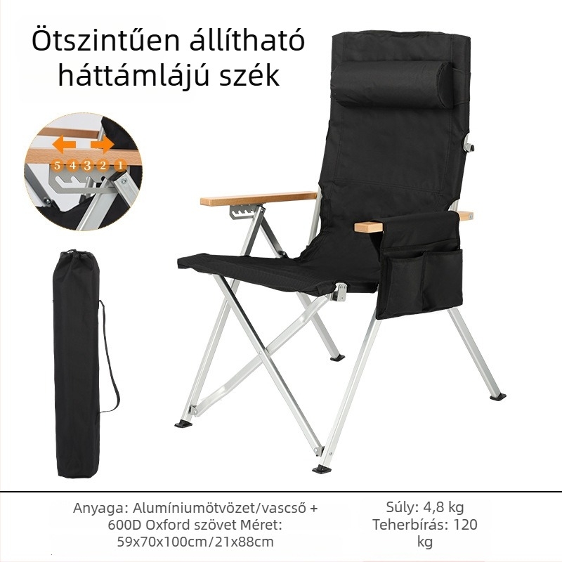 Kültéri összecsukható magas hátrészű kemping szék karfákkal, alumíniumötvözet keret, méretek 59 x 70 x 100 cm