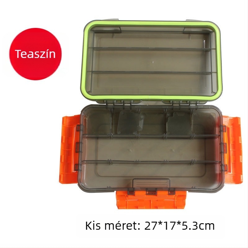 H-típusú átlátszó, négy színű vízálló csali-doboz, három oldalról záródó, egy rétegű, beillesztő résszel kis kiegészítőkhöz és csalikhoz