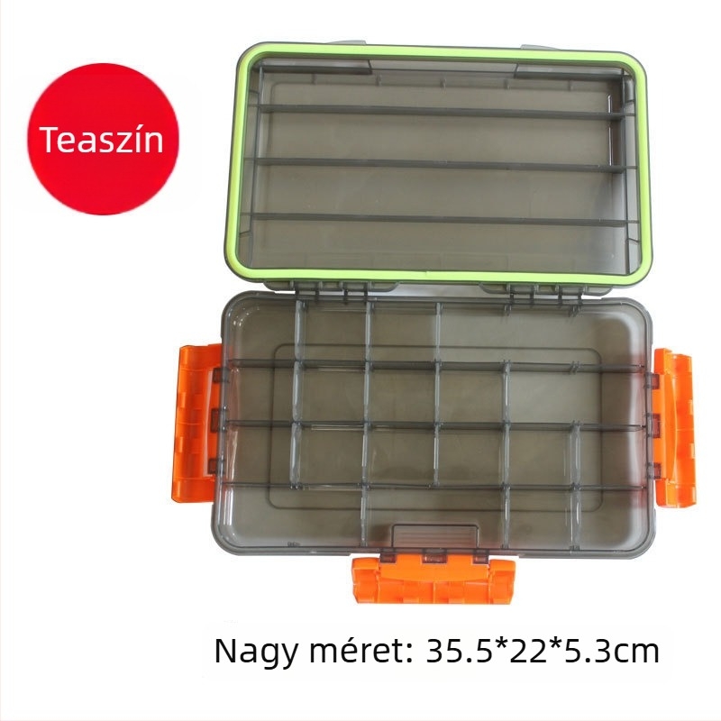 H-típusú átlátszó, négy színű vízálló csali-doboz, három oldalról záródó, egy rétegű, beillesztő résszel kis kiegészítőkhöz és csalikhoz