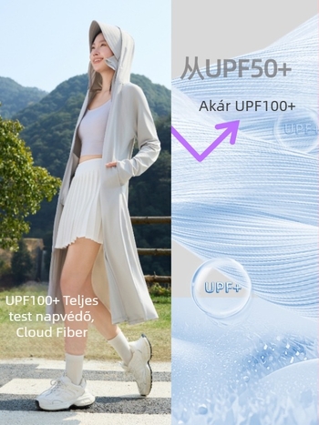 Női hosszú napvédő kabát, könnyű nylon anyag, Ice Silk, UPF50+, kapucnival, nyárra