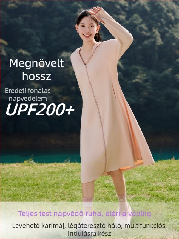 Női hosszú napvédő kabát, könnyű nylon anyag, Ice Silk, UPF50+, kapucnival, nyárra