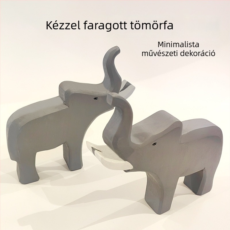 Elefánt faragott fa dísz, tömörfa, kézzel készített, modern minimál stílusú otthoni dekoráció