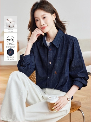 Pamut cocon stílusú denim kabát hímzéssel, hosszú ujjú női felső koreai hatású őszi kollekció