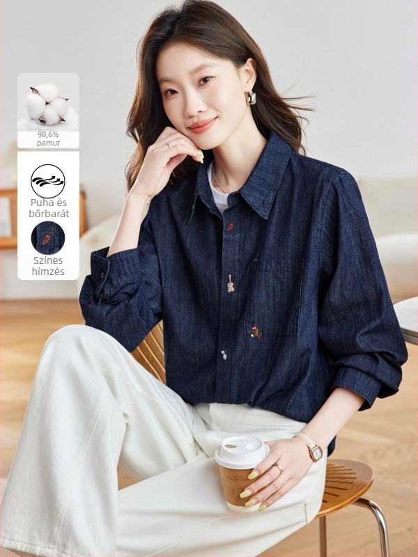 Pamut cocon stílusú denim kabát hímzéssel, hosszú ujjú női felső koreai hatású őszi kollekció