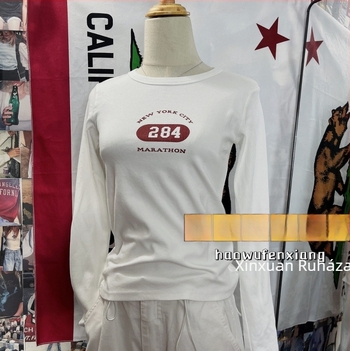 BM-stílusú női pamut hosszú ujjú T‑shirt feliratos nyomással, kerek nyakú, karcsú fazon, mindennapi viselet