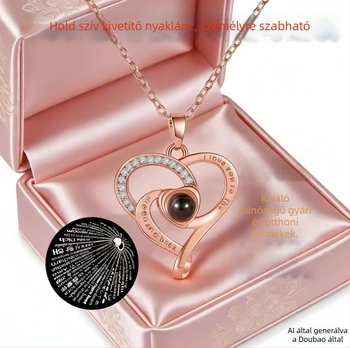 Szív alakú vetítő nyaklánc I love you 100 nyelven, valódi aranyozás, egyedi készítés