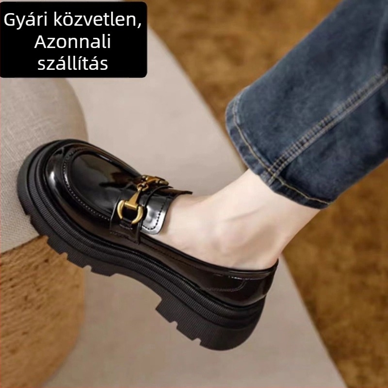 Női puha bőrből készült loafers vastag talppal, fleece béléssel, brit stílusú slip-on cipő