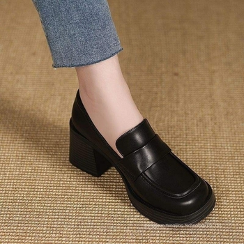 Női loaferek vastag sarokkal és négyzetes orral, slip-on, bőr, Mary Jane stílus, 2025 tavasz retró