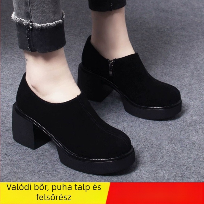Jinbu Kang Női vastag talpú velúr loaferok, kerek orrú, négyzet alakú sarokkal, slip-on, belső báránybőr