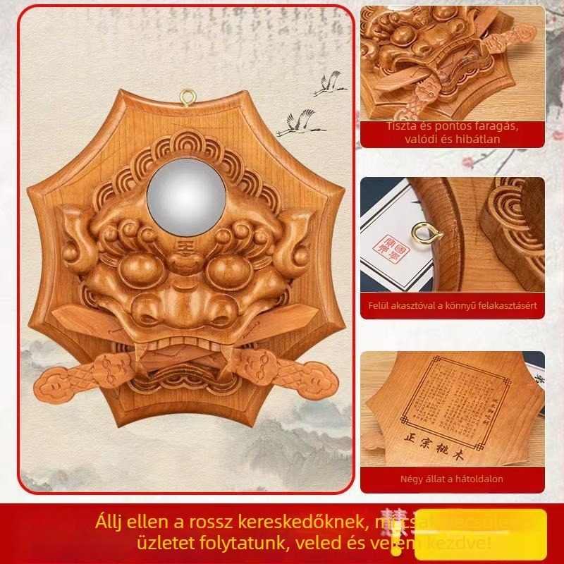 Kézzel készített őszibarackfából készült relief medál, oroszlán harap kardot, finoman faragott otthoni dekoráció