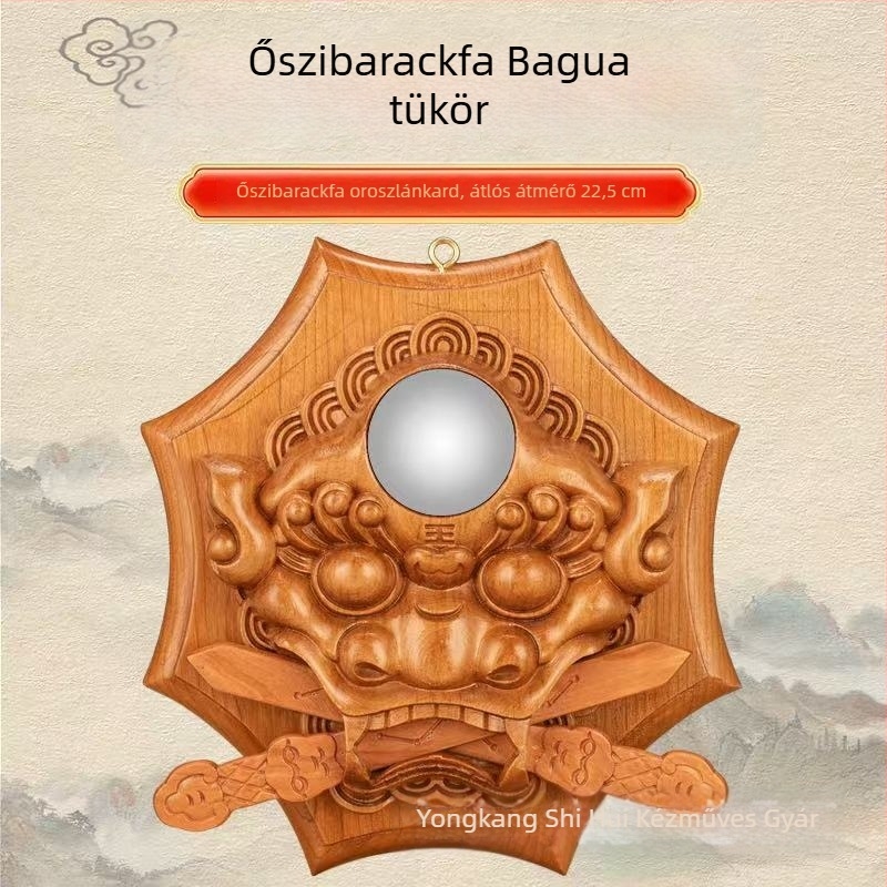 Kézzel készített őszibarackfából készült relief medál, oroszlán harap kardot, finoman faragott otthoni dekoráció