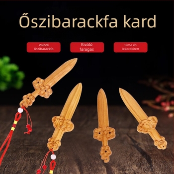 Őszibarackfa kard medál piros zsinórral – kínai stílusú DIY ékszer, faragott kard