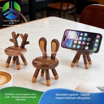 Fekete diófa anyagú telefon-tartó, aranyos szarvas és nyúl figurákkal, asztali dekoráció