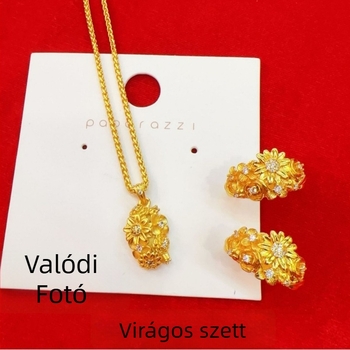Női arany tónusú karkötő és nyaklánc szett, virágos brokát motívummal, elegáns könnyed luxus megjelenés, új kínai klasszikus stílus