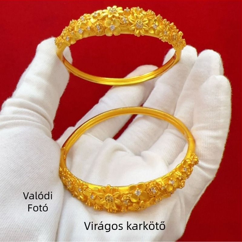 Női arany tónusú karkötő és nyaklánc szett, virágos brokát motívummal, elegáns könnyed luxus megjelenés, új kínai klasszikus stílus