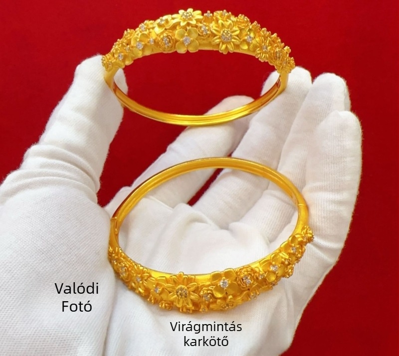 Női arany tónusú karkötő és nyaklánc szett, virágos brokát motívummal, elegáns könnyed luxus megjelenés, új kínai klasszikus stílus