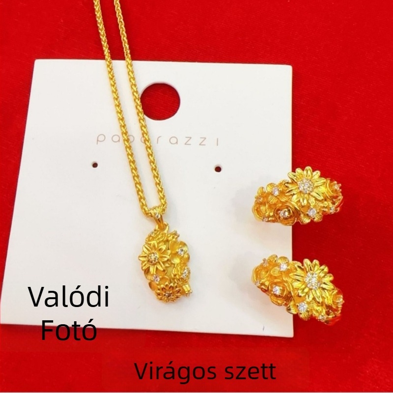 Női arany tónusú karkötő és nyaklánc szett, virágos brokát motívummal, elegáns könnyed luxus megjelenés, új kínai klasszikus stílus