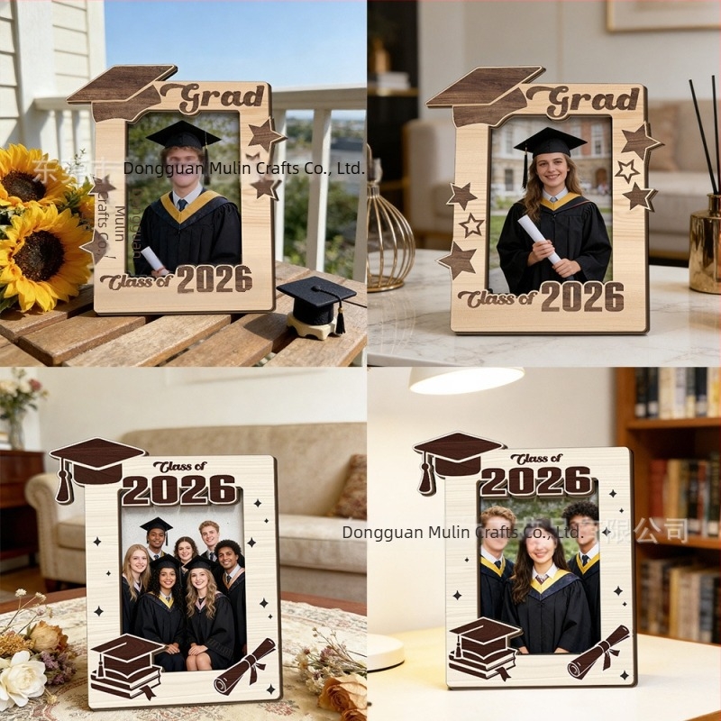 Fából készült fotókeret diplomás sapkával – asztali dekoráció, modern stílus