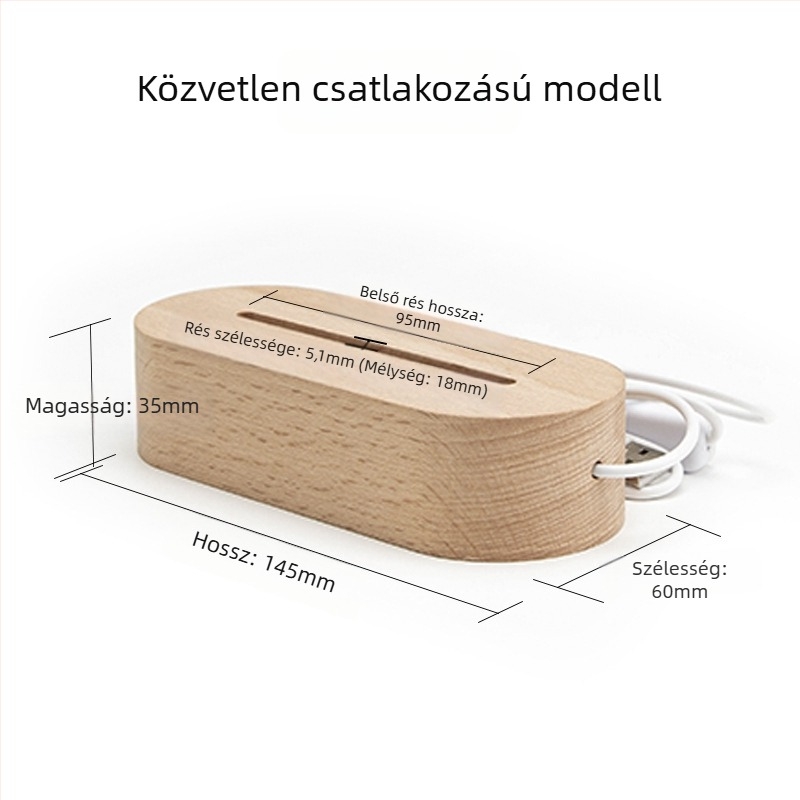 Bükkfából készült világító alap, ovális akril-lámpatartó, USB csatlakozás