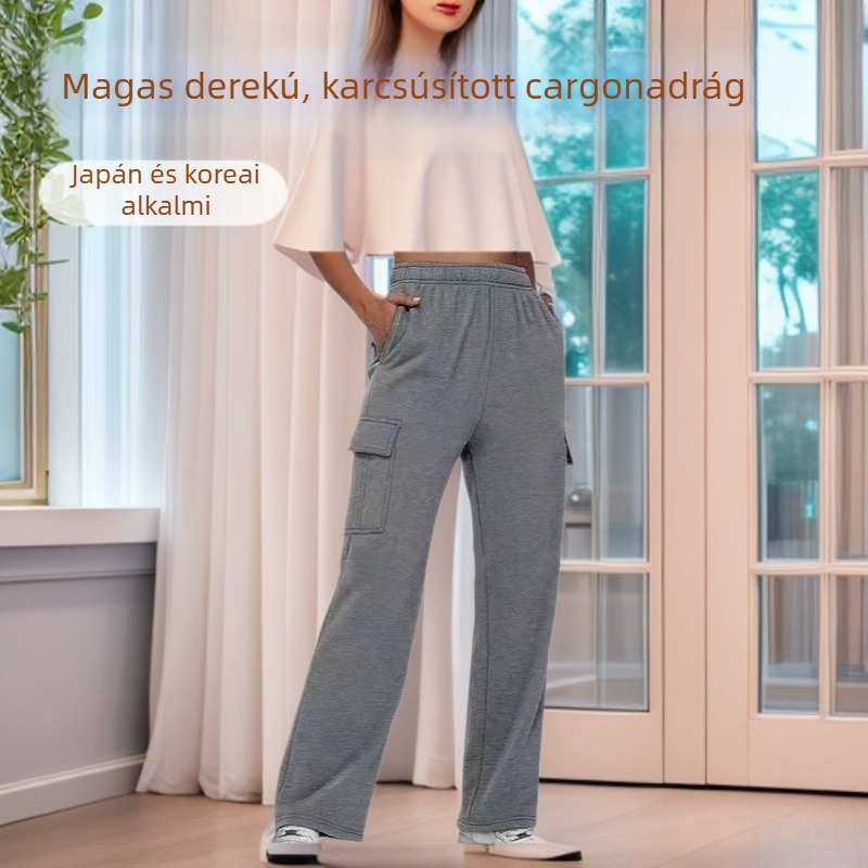Női magas derekú munka nadrág, egyenes és széles szárú, mindennapi sportos nadrág