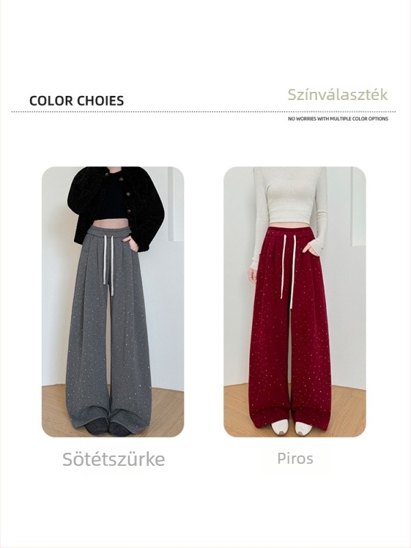 Női széles lábú nadrág strasszokkal és fleece-bevonattal téli viselet, egyenes szabás