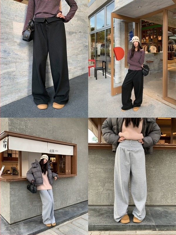 Yuyi női casual nadrág, széles szárú, gombos részlettel, középmagas derék, koreai stílus, 2025 őszi-téli, modell C517