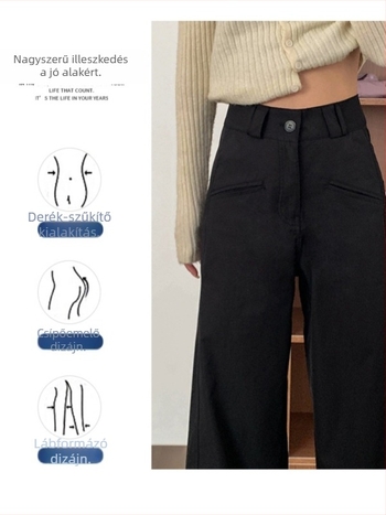 Fekete női magas derekú, széles lábú kosztümnadrág, casual elegáns megjelenés, 2025 ősz, plusz méret