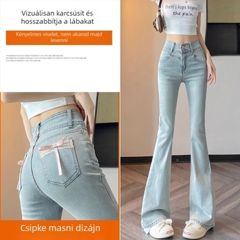 Plusz méretű világos denim női farmer, magas derék, csípőemelő hatás, kis alkatú nőknek, enyhén bővülő szárú, masni díszítéssel