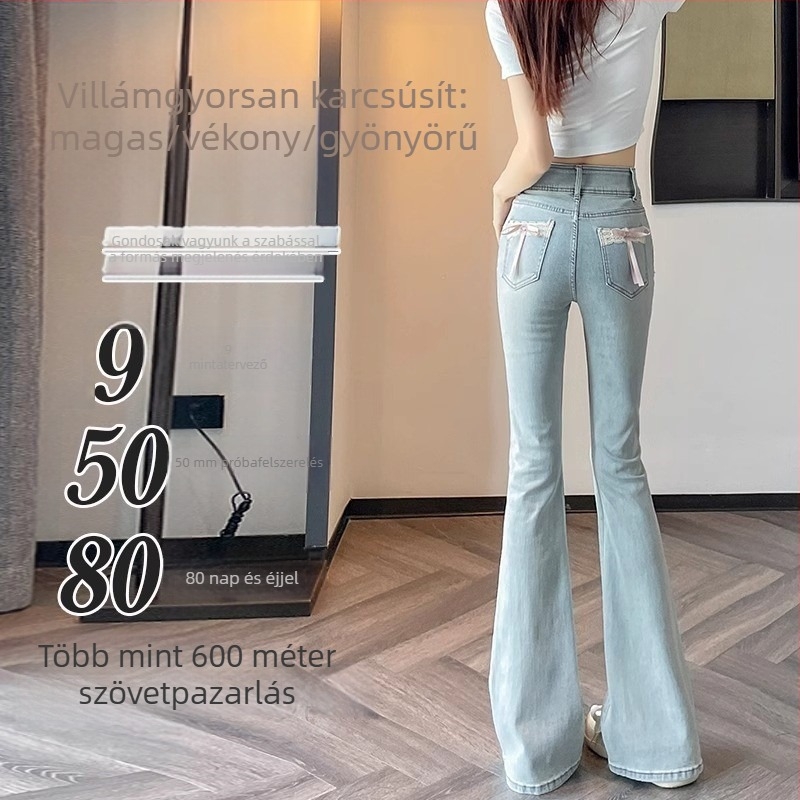 Plusz méretű világos denim női farmer, magas derék, csípőemelő hatás, kis alkatú nőknek, enyhén bővülő szárú, masni díszítéssel