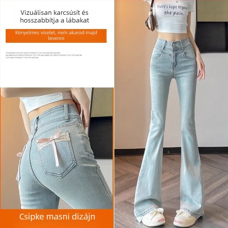 Plusz méretű világos denim női farmer, magas derék, csípőemelő hatás, kis alkatú nőknek, enyhén bővülő szárú, masni díszítéssel