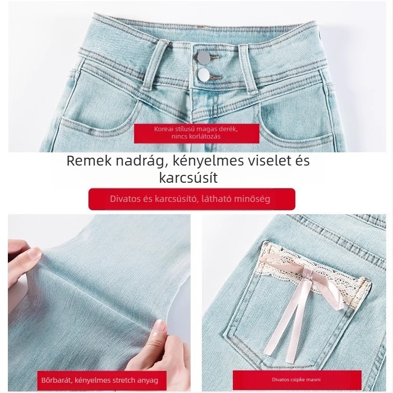 Plusz méretű világos denim női farmer, magas derék, csípőemelő hatás, kis alkatú nőknek, enyhén bővülő szárú, masni díszítéssel